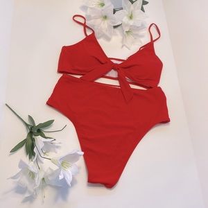 Honlyps Tie Bikini High Waisted Two Piece Red Size X-Large